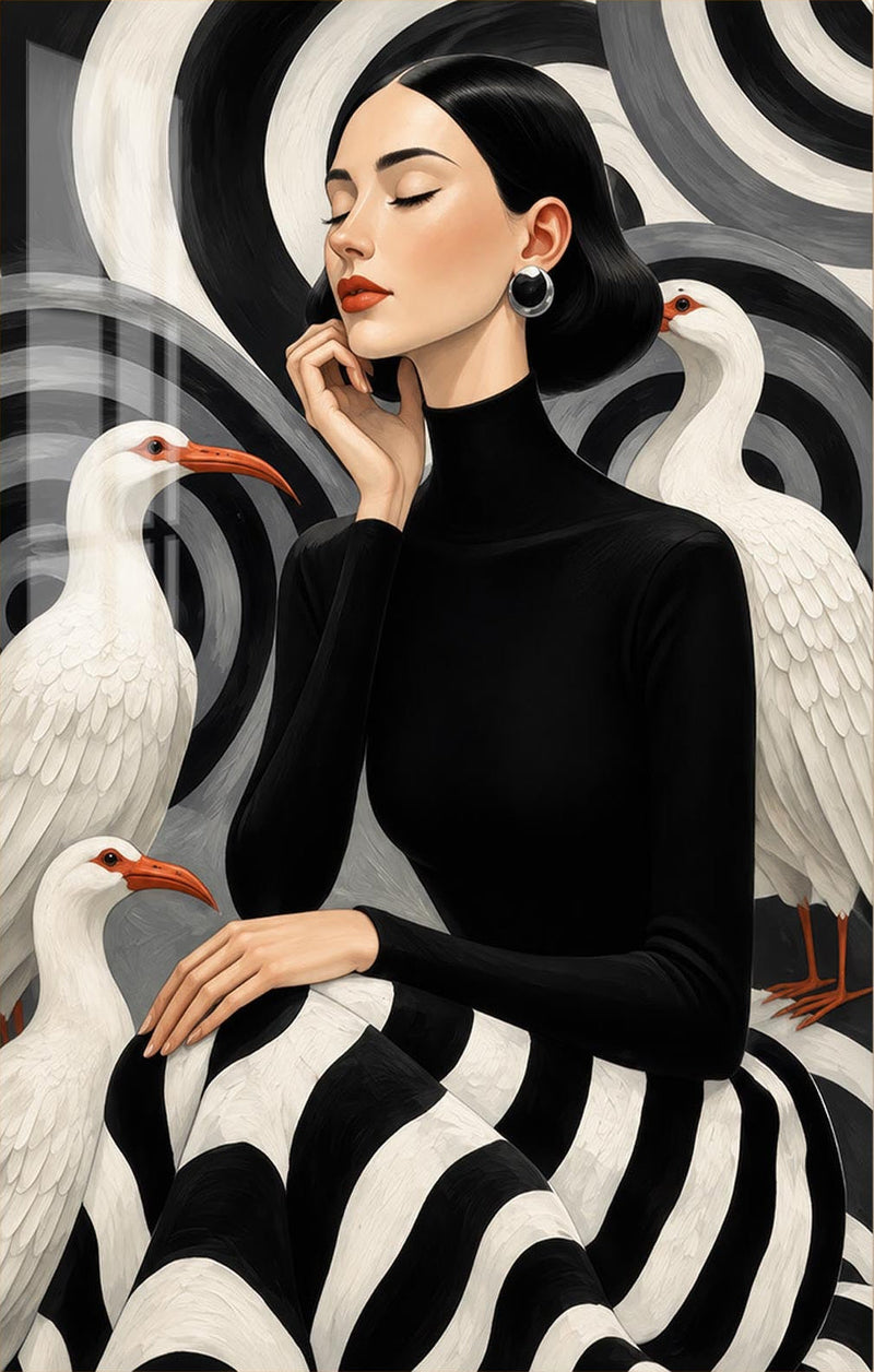 Woman Among White Cranes Glass Wall Art