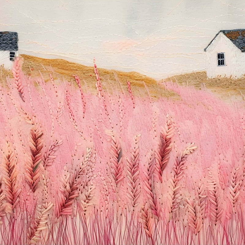 Pink Meadow Houses- Abstract Tempered Glass Wall Art