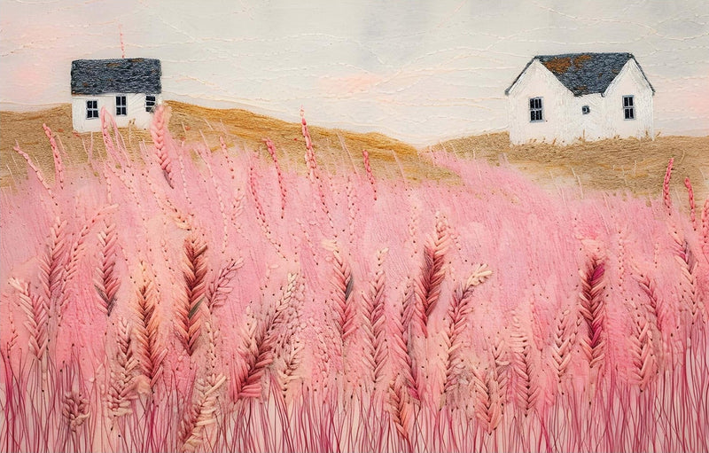 Pink Meadow Houses- Abstract Tempered Glass Wall Art