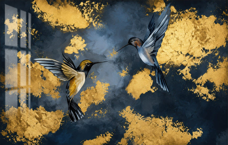 Gilded Hummingbird Dance Glass Wall Art