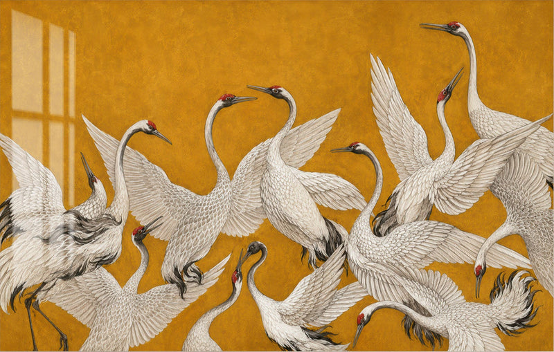 Golden Cranes in Flight Glass Wall Art