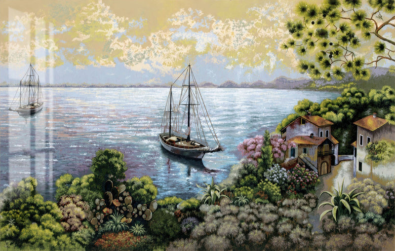 Coastal Sailboat Cove Glass Wall Art