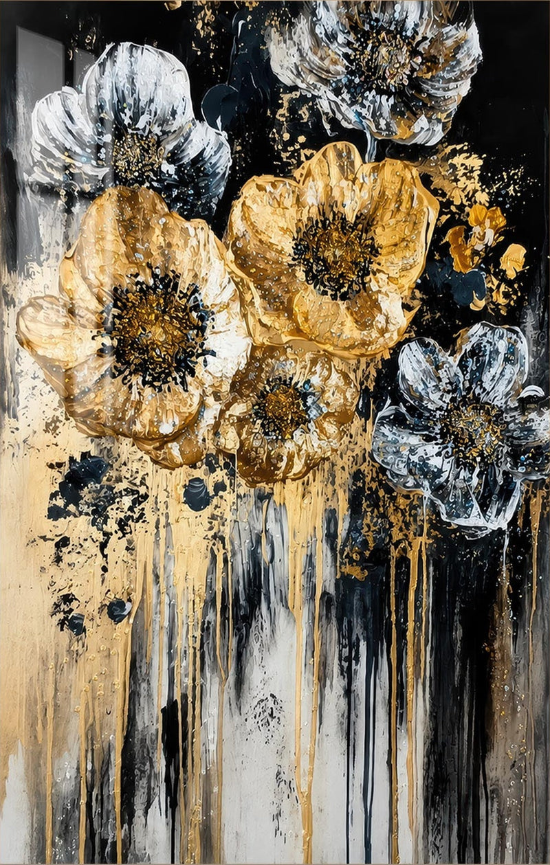Gilded Midnight Flowers Glass Wall Art