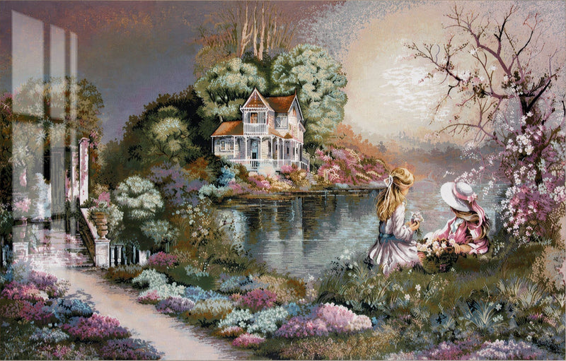 Children by the Victorian Lake House Glass Wall Art
