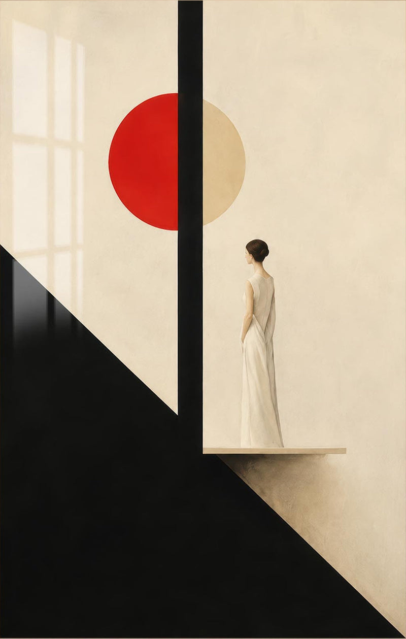 Woman Beneath The Red Sun Glass Wall Art