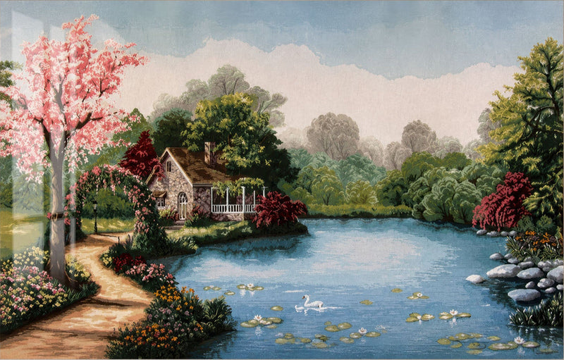 Lakeside Cottage in Bloom Glass Wall Art
