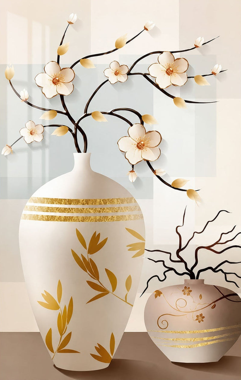 Golden Blossom Vases Glass Wall Art