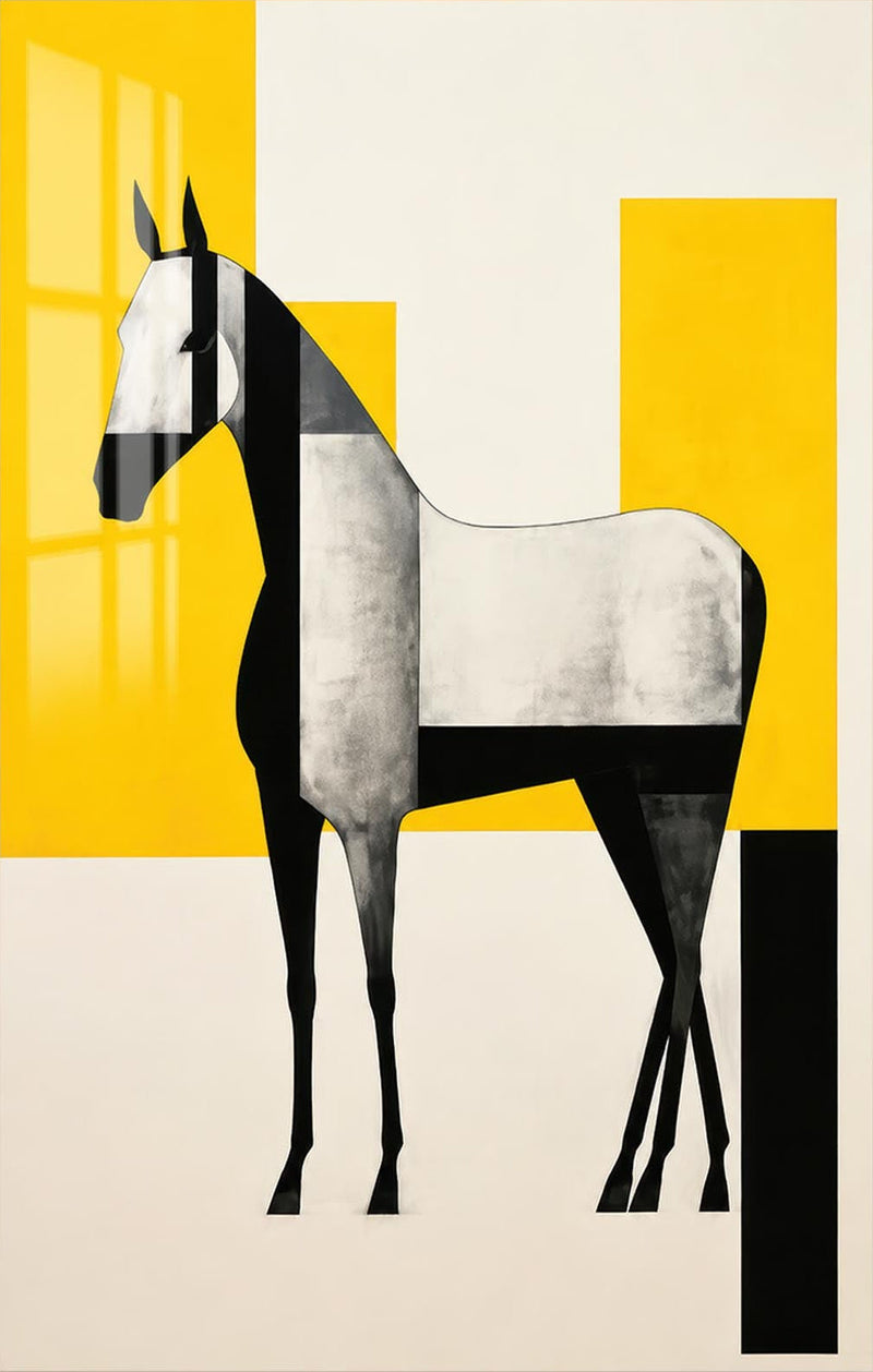 Geometric White Horse Glass Wall Art