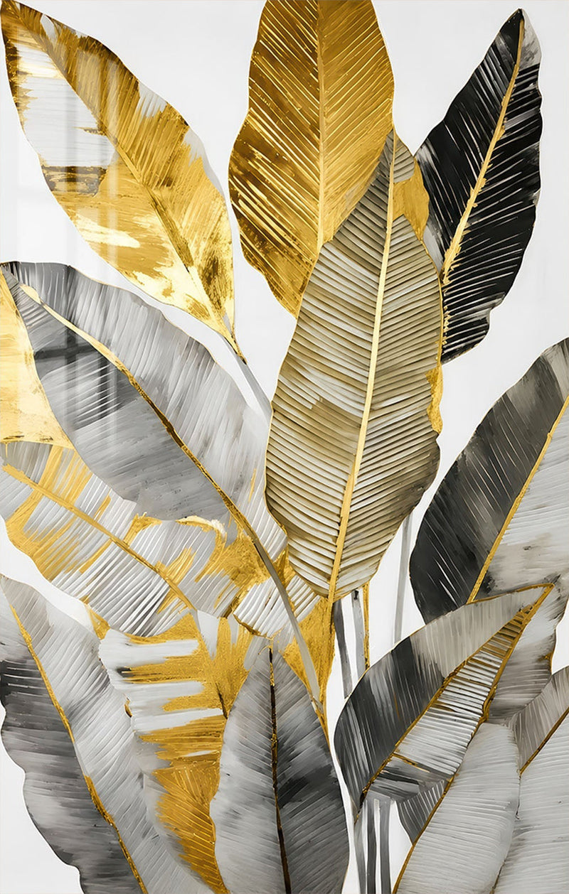 Gilded Tropical Leaves Glass Wall Art