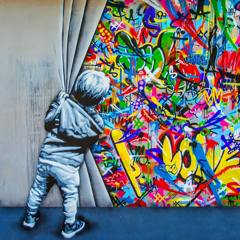 Artronauts Glass Print Behind The Curtains - Banksy