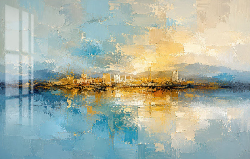 Golden Horizon Reflections Glass Wall Art