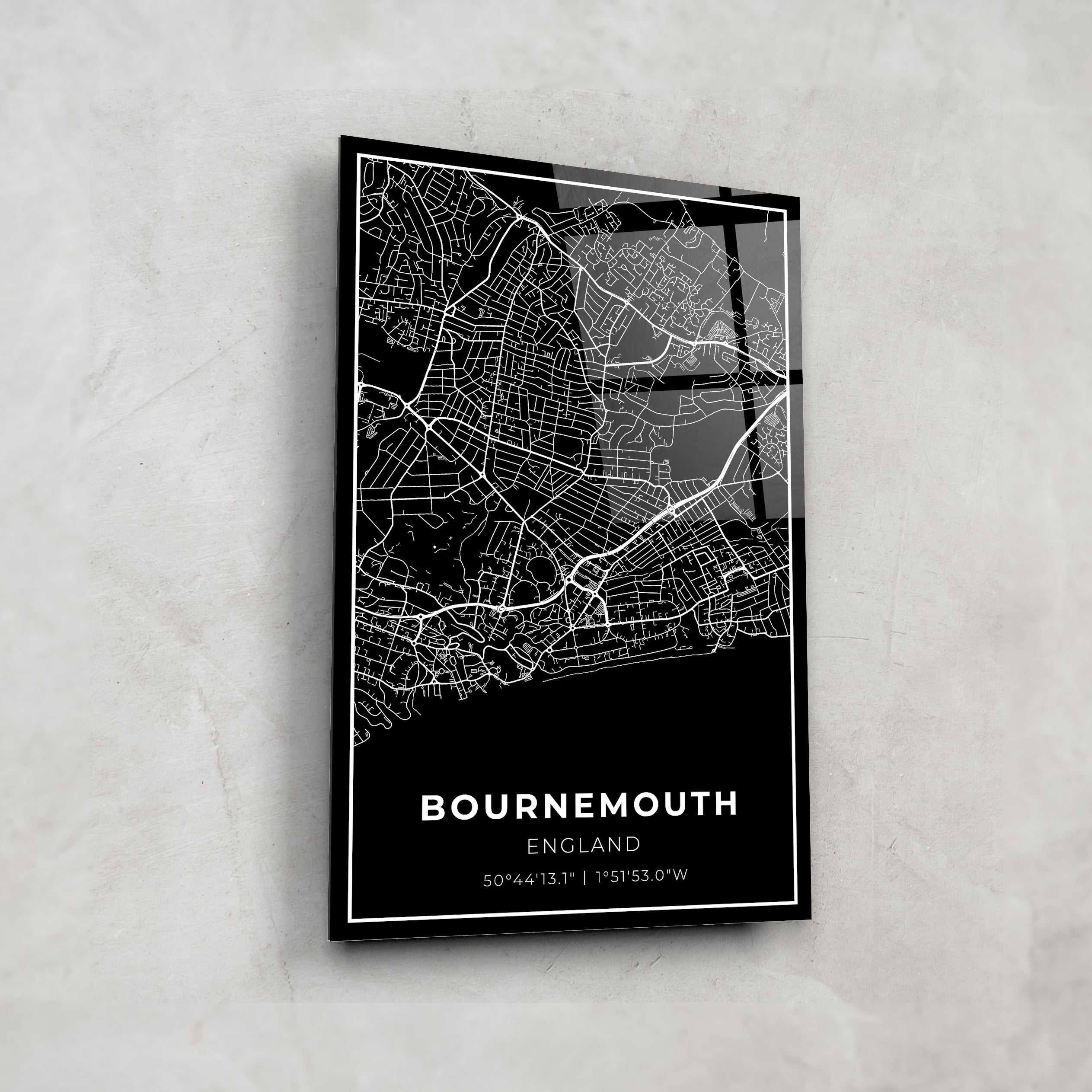 Bournemouth Map - Glass Wall Art