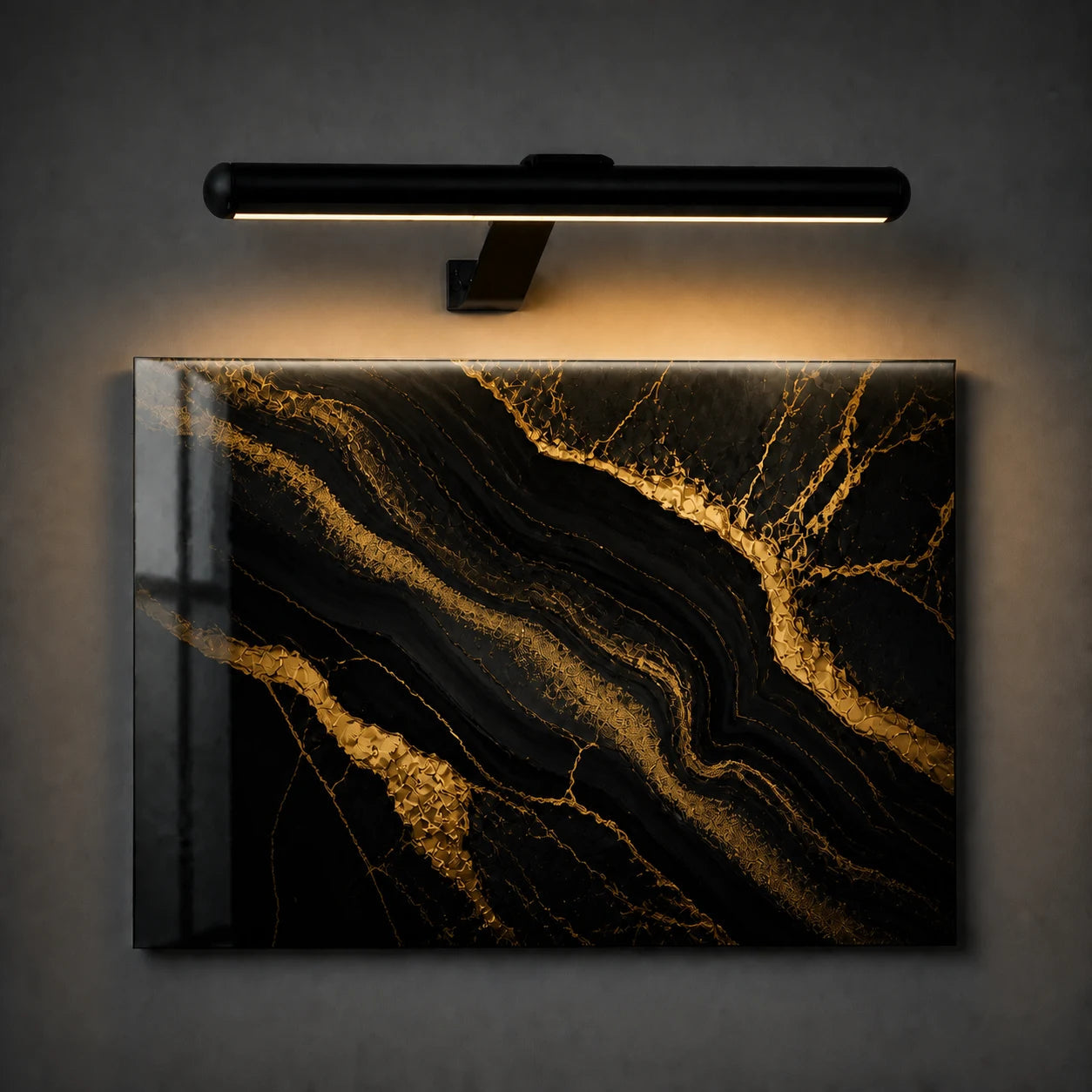 Wall art lit by the sconce