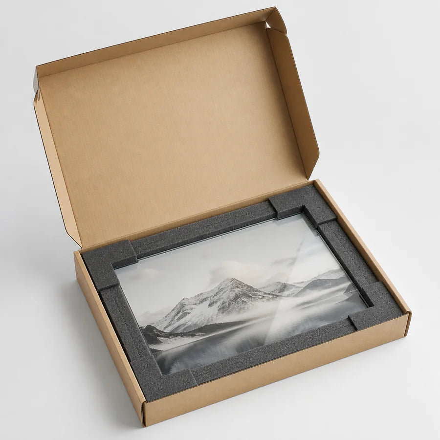 Glass wall art carefully packed in protective foam